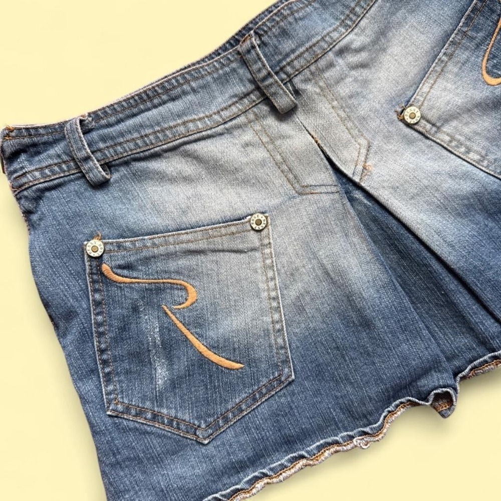 Denim Rose y2k low rise micro jean shorts gold "R" embroidered pockets faded was - Picture 2 of 6
